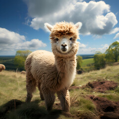 Fototapeta premium Alpaca in a field with blue sky and white clouds.