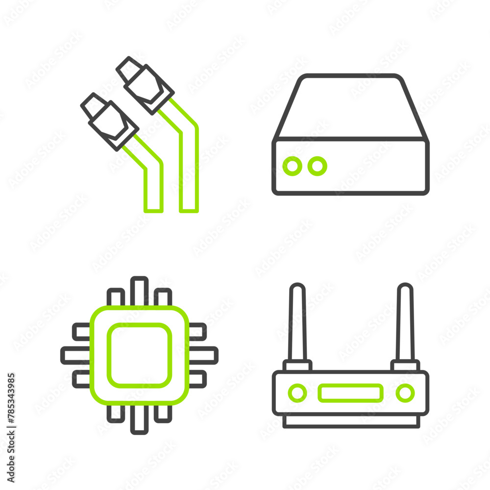 Poster set line router and wi-fi signal, processor with cpu, server, data, web hosting and lan cable networ
