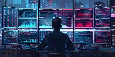 Executive Analyzing Financial Data and Market Trends on Multiple Screens in a High Tech Trading Environment