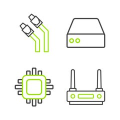 Set line Router and wi-fi signal, Processor with CPU, Server, Data, Web Hosting and LAN cable network internet icon. Vector