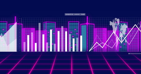 Naklejka premium Image of financial data processing over digital city on black background