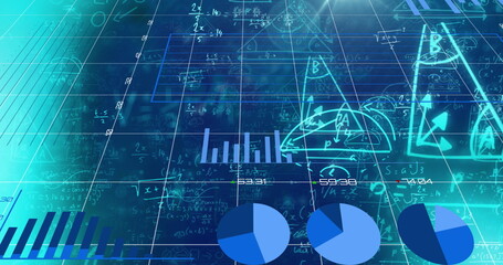 Image of data processing and shapes over digital lorry on blue background