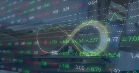 Fototapeta premium Image of stock market data processing and infinity symbol over mid section of a man using laptop