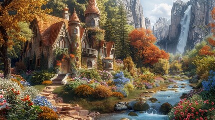 Fairy Tale Scenes: Create whimsical scenes reminiscent of fairy tales, with castles, enchanted forests, and magical creatures.  - obrazy, fototapety, plakaty