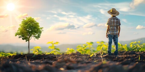 Fototapeta premium Farmer at the Growth of a Majestic Tree in a Peaceful Countryside Landscape