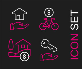 Set line House key, with dollar, Bicycle rental mobile app and Realtor icon. Vector