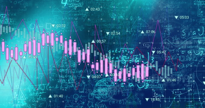 Image of financial data processing over mathematical equations on black background