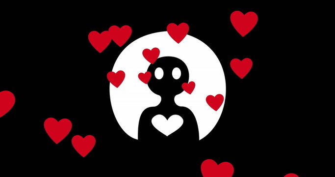 Image of social media people icon over red hearts on black background