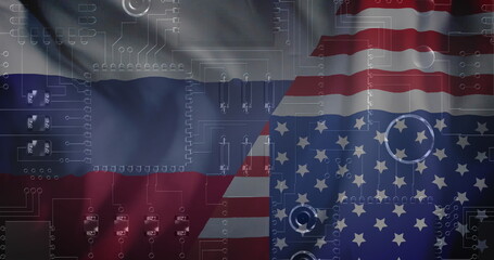Naklejka premium Image of circuit board and data processing over flag of russia and united states of america