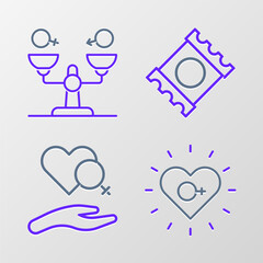 Set line Feminism, Heart with female gender, Condom package and Gender equality icon. Vector