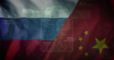 Image of folders and data processing over flag of russia and china