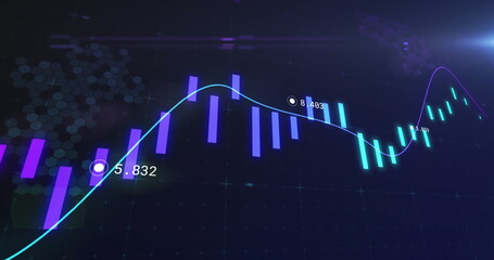 Image of financial data processing over blue background