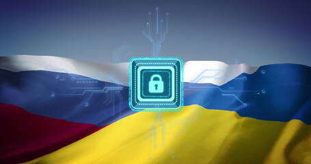 Image of padlock and data processing over flag of russia and ukraine