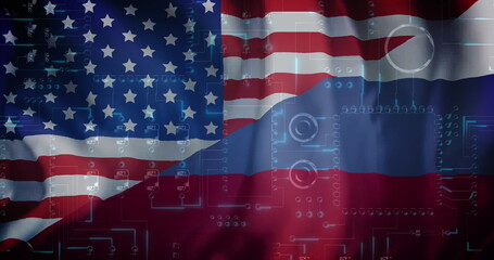 Image of data processing over flag of russia and united states of america