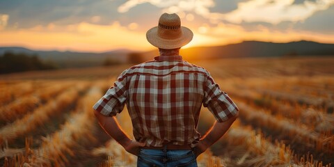 Contemplative Farmer Reflecting on the Bountiful Season in Peaceful Rural Landscape
