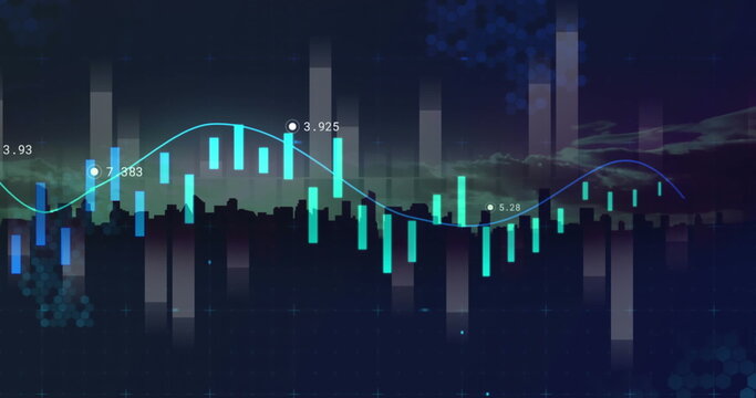 Image of financial data processing over cityscape