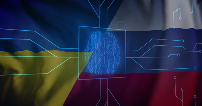 Image of biometric fingerprint computer circuit board over flag of russia and ukraine
