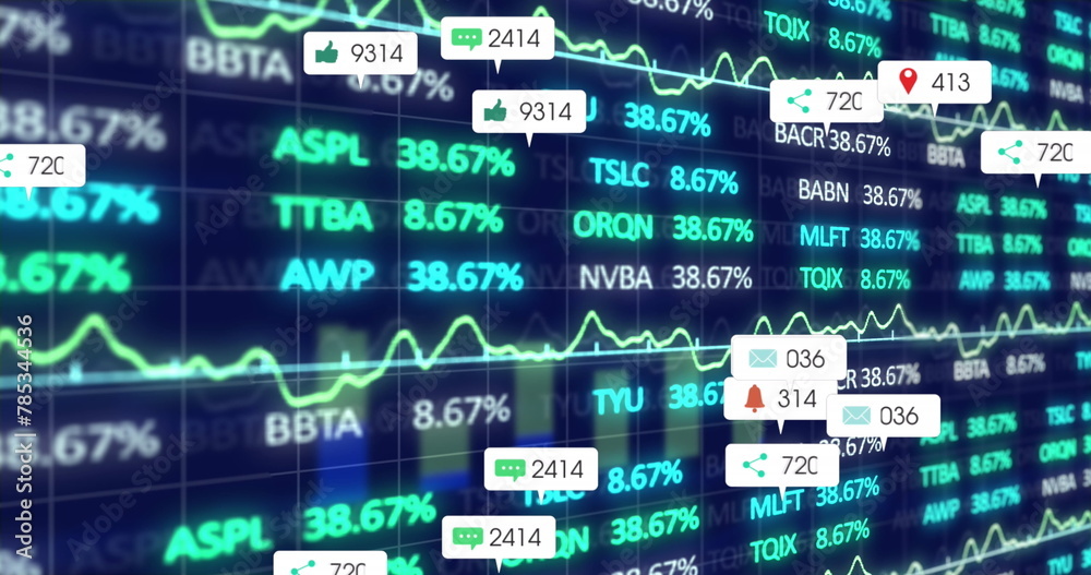 Poster image of multiple notification bars, trading board and graph over abstract background