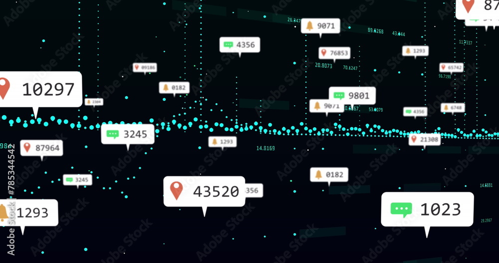 Poster image of multiple notification bars, changing numbers and graphs over black background