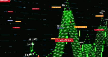 Image of notification bars, multiple graphs with changing numbers over black background