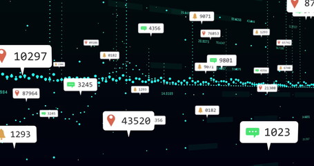 Image of multiple notification bars, changing numbers and graphs over black background