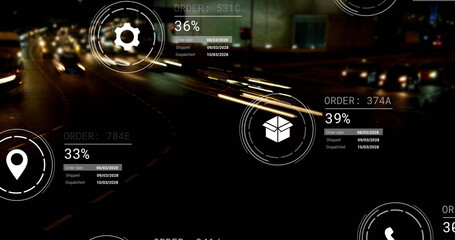 Image of icons with data processing over street with cars