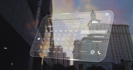 Image of digital interface with data processing over cityscape