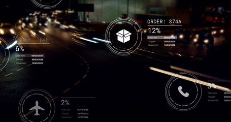 Image of icons with data processing over street with cars