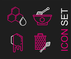 Set line Honeycomb with honey dipper stickicon, and bowl and icon. Vector