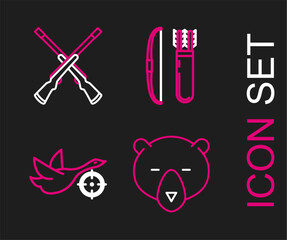 Set line Bear head, Hunt on duck with crosshairs, Bow and arrow in quiver and Two crossed shotguns icon. Vector