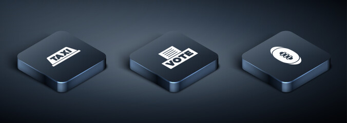 Set Isometric Taxi car roof, American Football ball and Vote box icon. Vector