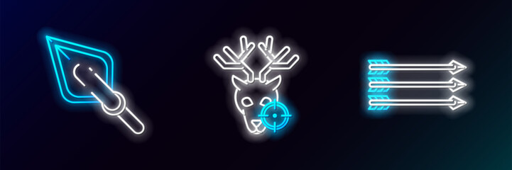 Set line Hipster arrows, tip and Hunt on deer with crosshairs icon. Glowing neon. Vector