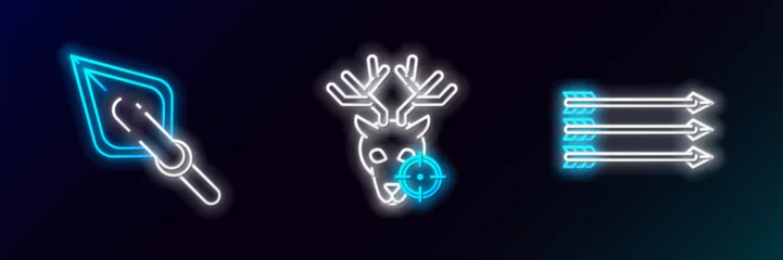 Foto op Canvas Set line Hipster arrows, tip and Hunt on deer with crosshairs icon. Glowing neon. Vector © Oksana