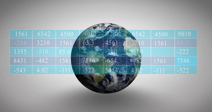 Image of number chart over rotating globe against white background