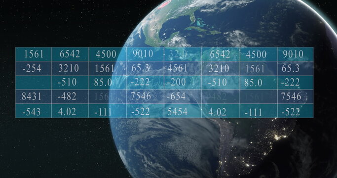 Image of number chart over globe and illuminated dots against black background