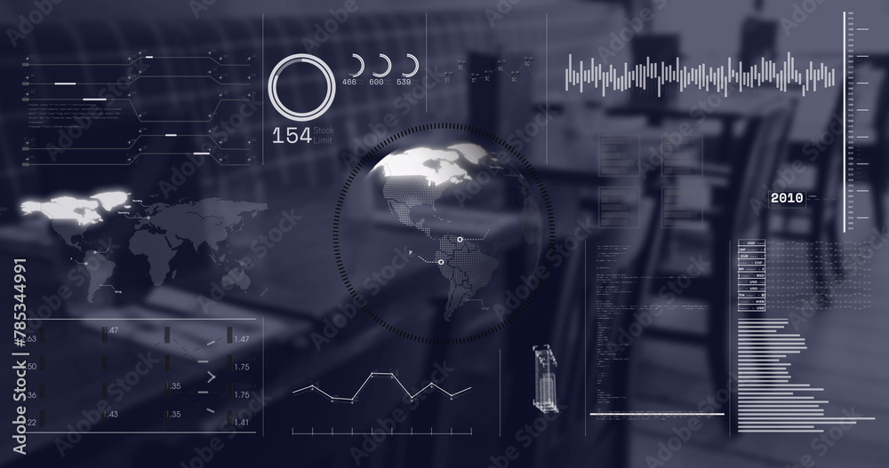 Poster image of interface with spinning globe and data processing against empty cafe at office