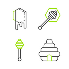 Set line Hive for bees, Honey dipper stick, and Honeycomb icon. Vector