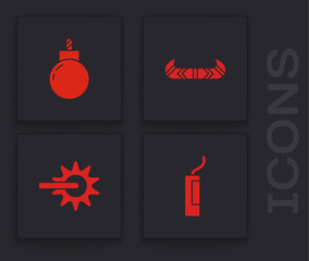 Set Dynamite bomb, Bomb ready to explode, Kayak or canoe and paddle and Spur icon. Vector