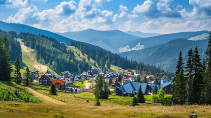 Famous Bukovel ski resort in summer Carpathian mountai - obrazy, fototapety, plakaty