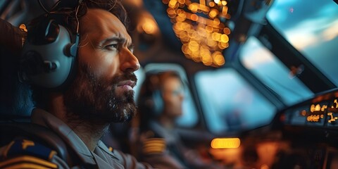 Intense of a Focused Pilot Navigating Aircraft in Low Light Cockpit Conditions