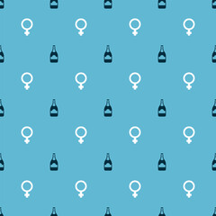 Set Champagne bottle and Female gender symbol on seamless pattern. Vector
