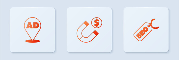 Set Magnet with money, Advertising and SEO optimization. White square button. Vector