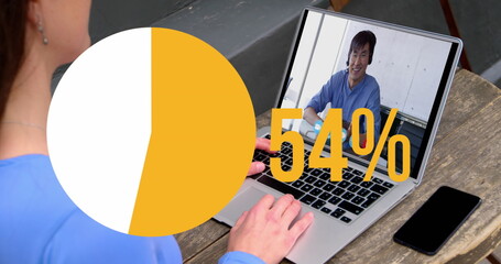 Image of pie graph filling up icon with increasing percentage over woman having image call - obrazy, fototapety, plakaty