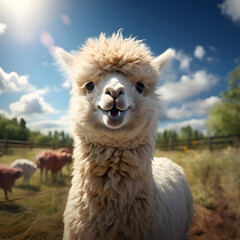 Obraz premium Portrait of a cute alpaca in a farm on a sunny day