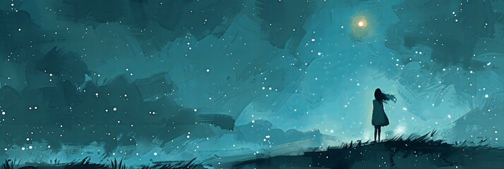 Young girl standing alone under night sky stars painting brush illustration