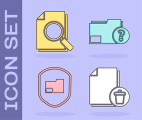 Set Delete file document, Document with search, Document folder protection and Unknown document folder icon. Vector