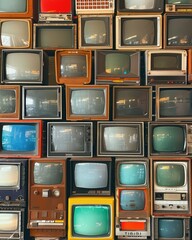 A multitude of old TVs with static screens - Wall filled with numerous vintage television sets, each screen showing static for a retro aesthetic