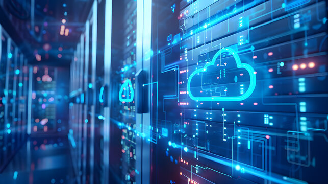 A server rack with a cloud icon on a cabinet door in a data center.