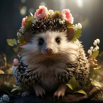 Hedgehog in a wreath of flowers on a dark background