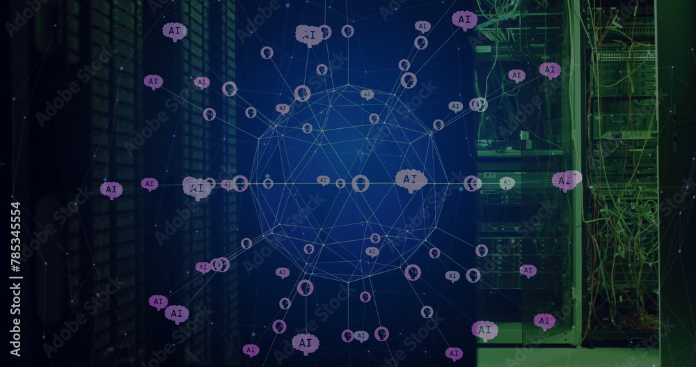 Poster image of global network of ai chatbot icons rotating over dark computer server room